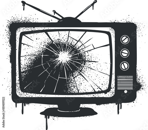 Grunge vector illustration of a broken vintage television with a shattered screen, ideal for artistic and media-themed projects