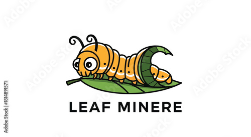 A cute, cartoonish yellow caterpillar with black spots lies on a green leaf