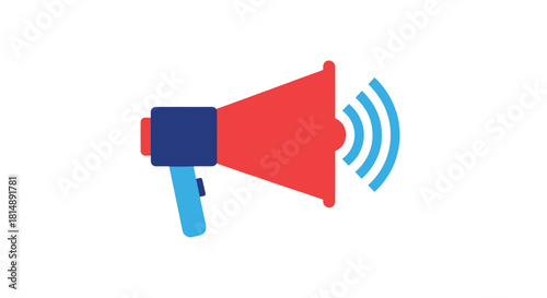 Red megaphone with blue sound waves