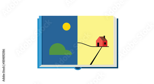 Opened book featuring a simple landscape, half sun/hill and half a path to a red house