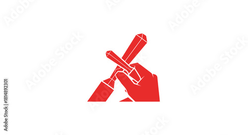 Red hand holding two geometric prisms, intersected