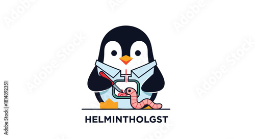 Animated penguin wearing a surgical gown, holding a scalpel, operating on a worm