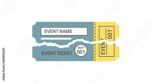 Torn event ticket with stub, light blue and yellow design, "Event Name", "Event Ticket", and seat 001 noted