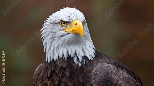 A striking close-up shot captures the intense gaze of a magnificent raptor, featuring its distinctive white head feathers, powerful yellow beak, and piercing golden eyes. The detailed plumage of its b