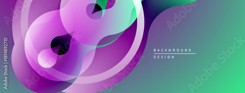 Abstract fluid shapes, vibrant colors blend. Gradient background creates modern visual effect. Smooth curves, dynamic composition.