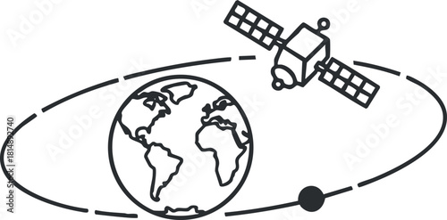 Minimalist line art illustration of a satellite orbiting the Earth, suitable for technology and science projects.