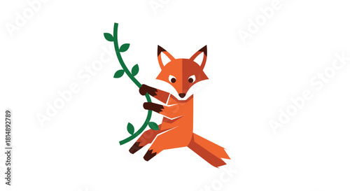 Stylized fox dangling from leafy branch