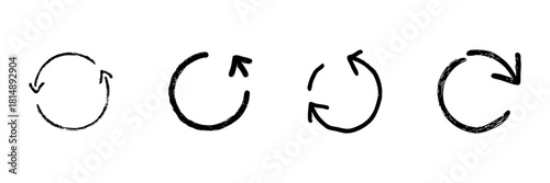 Circular Arrow Line Icon Set In Doodle Style. Refresh, Reload, And Repeat Cycle Outline Sketch Collection. Hand Drawn Isolated Vector Illustration