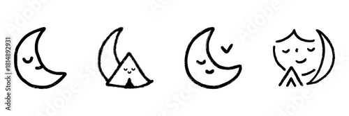 Crescent Moon And Mountain Line Icon Set In Doodle Style. Nighttime Serenity, Sleep, And Tranquility Outline Sketch Collection. Hand Drawn Isolated Vector Illustration