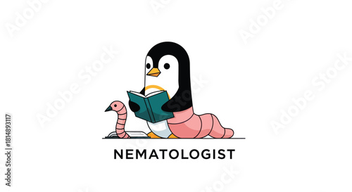 Cute cartoon Penguin-worm hybrid reading, with a worm also reading. "NEMATOLOGIST" text below