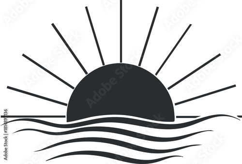 Minimalist black and white vector illustration of a sun rising over abstract waves, ideal for nature-themed designs.