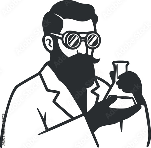 Stylized black and white vector illustration of a bearded scientist in a lab coat holding a flask, ideal for educational or scientific projects