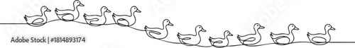 Minimalist line art vector illustration of a group of ducks swimming in a row for nature-themed design projects