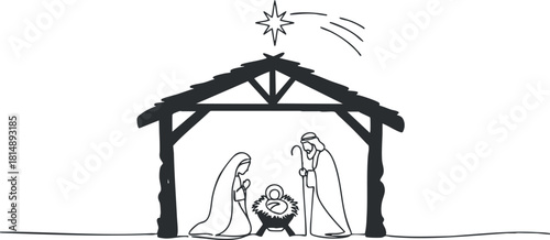 Minimalist black and white vector illustration of a nativity scene featuring Mary, Joseph, and baby Jesus in a manger.