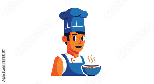 Cartoon chef holding steaming bowl