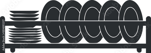 Minimalist black and white vector illustration of stacked plates on a shelf, ideal for kitchen and dining design projects