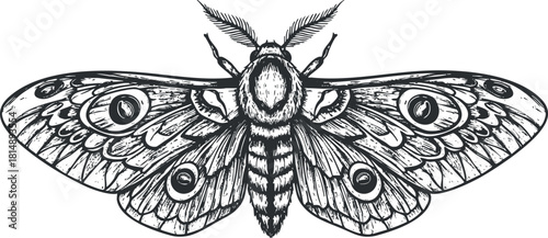 Intricate hand-drawn black and white vector illustration of a moth, perfect for nature-themed designs and artistic projects