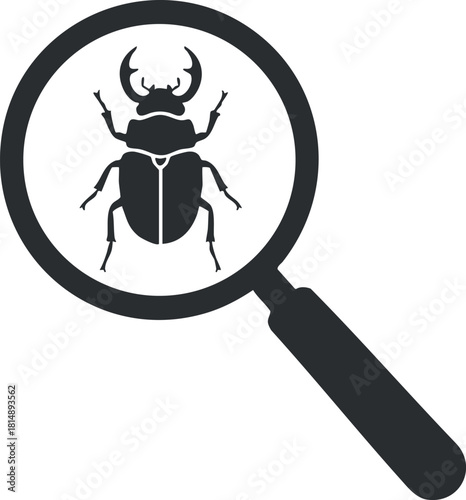 Stylized vector illustration of a magnifying glass focusing on a beetle, ideal for science and nature themes