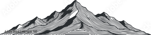 Stylized black and white vector illustration of a mountain range featuring intricate line art and geometric design for outdoor themes