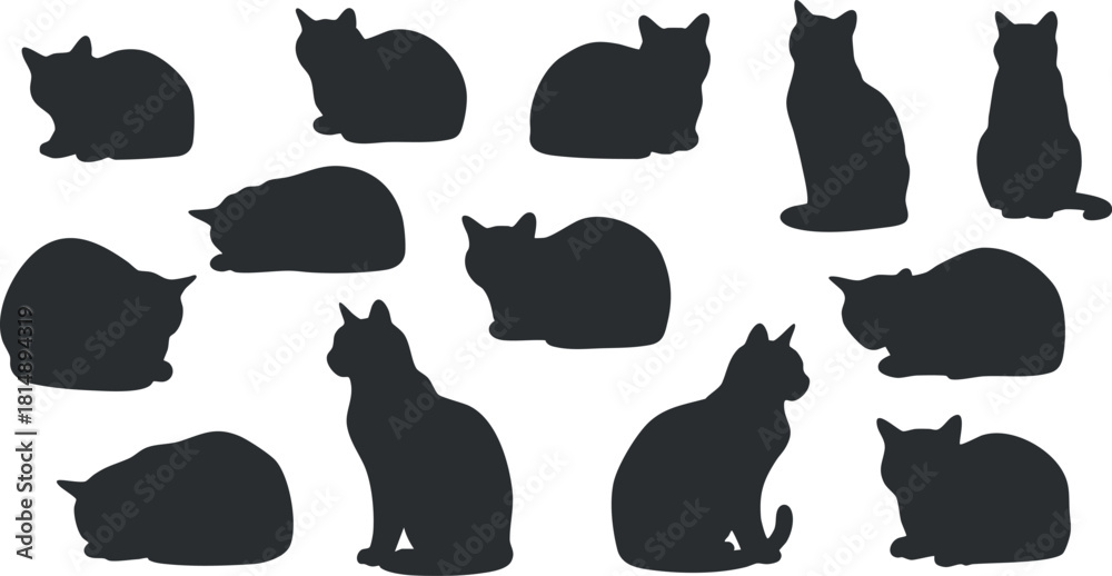 Fototapeta Collection of minimalist black cat silhouettes featuring various poses, ideal for pet-related design projects and branding.