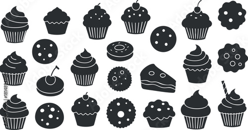 Collection of black and white vector illustrations featuring various cupcakes, cookies, and donuts for dessert-themed design projects