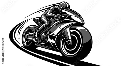 Dynamic Monochrome Illustration of a Speeding Motorcycle Racer on a Track.