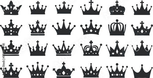 Elegant collection of black silhouette crown icons, perfect for royal-themed design projects and branding.