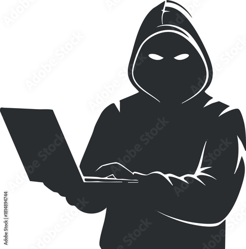 Silhouette vector illustration of a hacker in a hoodie using a laptop, representing cybersecurity and digital threats