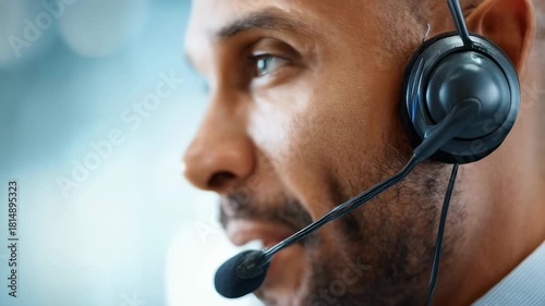 Man with headset focused business call. Close up of male customer service agent looking away during online communication.