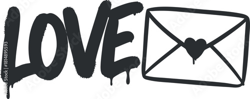 Stylish vector illustration of the word 'Love' with a heart envelope, ideal for romance-themed designs and greeting cards