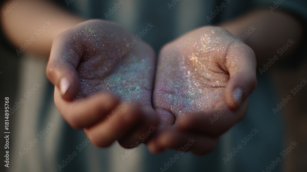 Fototapeta premium Pair of hands cupped together, with the palms facing upwards. the hands are covered in a glittery, iridescent substance, which appears to be a mix of pink, blue, and purple hues.