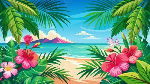 Very beautiful tropical beach scene framed by vibrant pink hibiscus flowers and lush green palm fronds, creating a bright, refreshing, and inviting coastal composition perfect for summery designs.