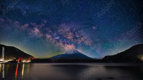 Milky Way Rising Above Snow-Capped Mt. Fuji from Lake Shojiko – Timelapse Night to Blue Hour – Fixed Black Crush, Noise Reduced – 4K HDR Astrophotography Japan
