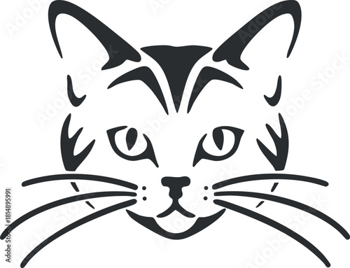 Stylized black and white vector illustration of a cat's face featuring expressive eyes and prominent whiskers