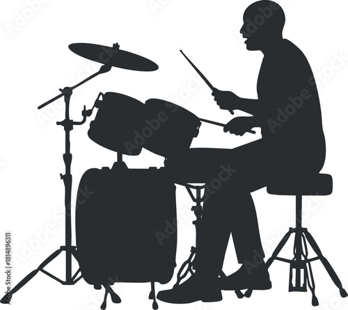 Silhouette vector illustration of a drummer performing on a drum set, ideal for music-related design projects