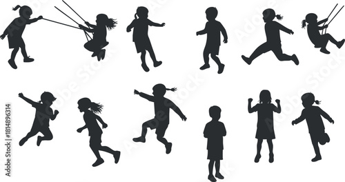 Dynamic silhouette vector illustration of playful children engaging in various activities such as jumping, swinging, and running, ideal for design and branding projects.