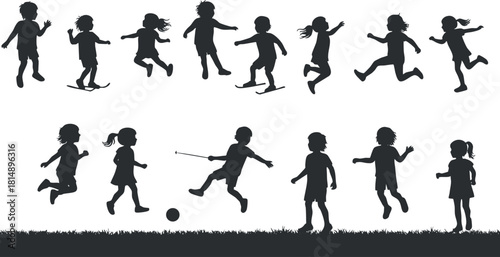 Dynamic silhouette vector illustration of children engaging in various sports and activities for playful design projects