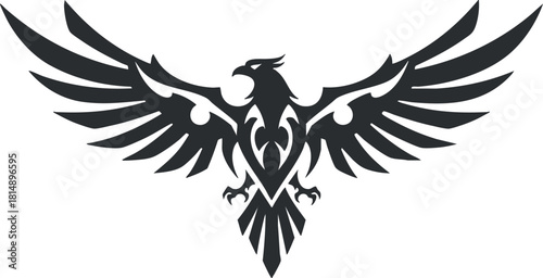 Stylized black and white vector illustration of a majestic eagle with intricate tribal patterns, perfect for logo design and branding.