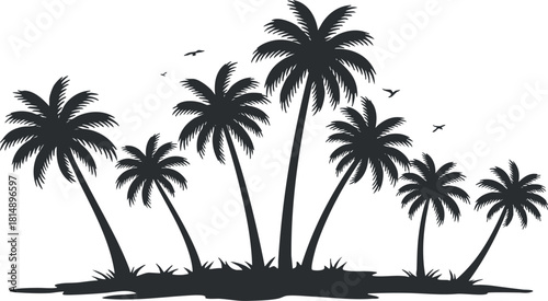 Silhouette vector illustration of palm trees creating a tropical landscape scene ideal for summer vacation themes and designs
