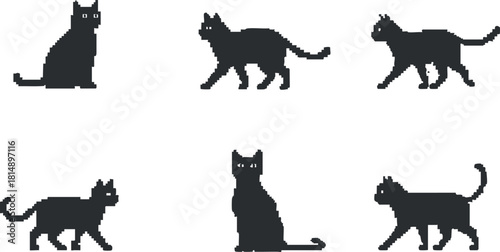 Collection of minimalist black vector illustrations featuring various cat silhouettes for design and branding projects