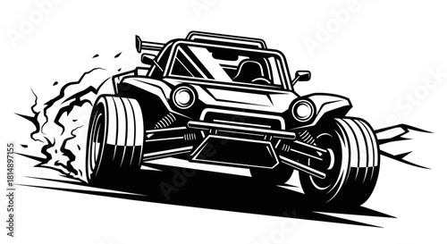 Dynamic black and white illustration of an off-road dune buggy in motion.