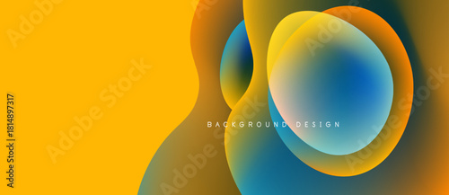 Abstract vibrant design features overlapping circles. Warm yellow transitions into orange, blue hues create dynamic visual effect. Modern, clean aesthetic.