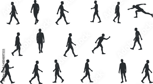 Silhouette vector icon set showing various walking and running human figures for animation and motion design projects