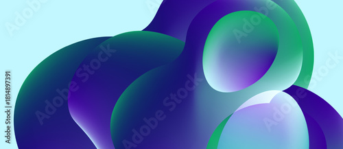 Abstract fluid shapes overlap, creating vibrant blue, green gradients. Soft lighting suggests depth, movement. Minimalist background enhances color contrast.