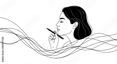 Woman Contemplating with Pen: Artistic Line Drawing of Thoughtful Female.