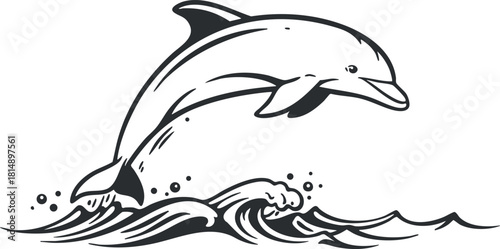 Minimalist black and white vector illustration of a dolphin jumping over ocean waves for marine-themed design projects