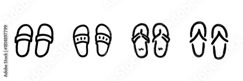 Various Sandal Types Line Icon Set In Doodle Style. Footwear Variety, Summer Fashion, And Casual Comfort Outline Sketch Collection. Hand Drawn Isolated Vector Illustration