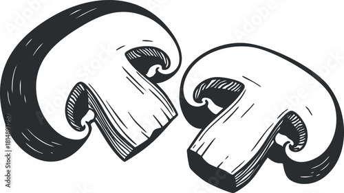 Hand-drawn vector illustration of two mushrooms, showcasing their organic shape and details, ideal for culinary and health-related designs