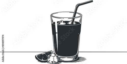 Minimalist black and white vector illustration of a refreshing drink with ice and lime, ideal for beverage menus and summer themes