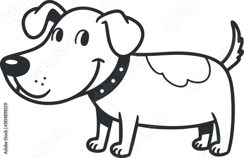 Whimsical black and white vector illustration of a happy cartoon dog, perfect for pet-related designs and branding.